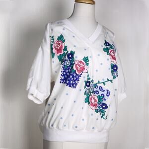 Vintage Caribou Floral Polka Dot Top Ribbed Waist V-Neck Poly Cotton M – Hey Viv